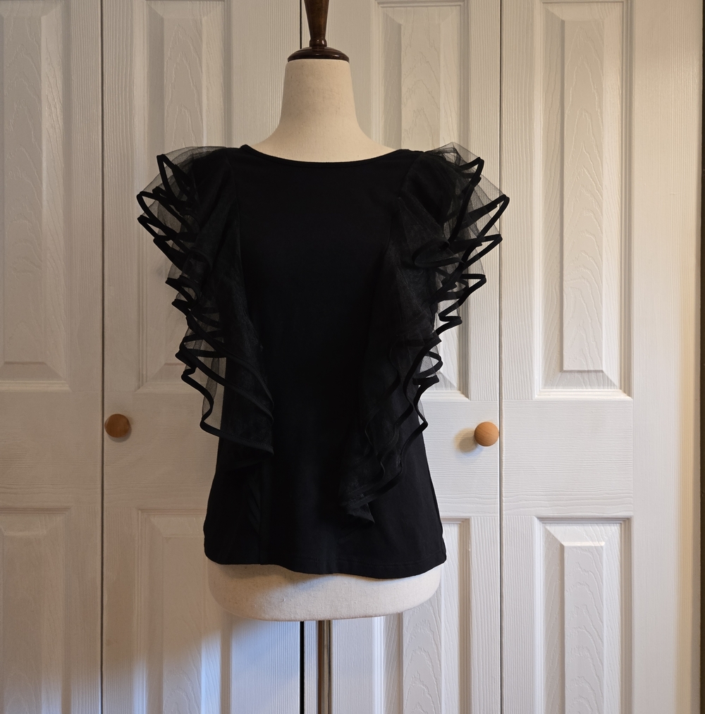 Marc New York Black Ruffled Organza Sleeve Top